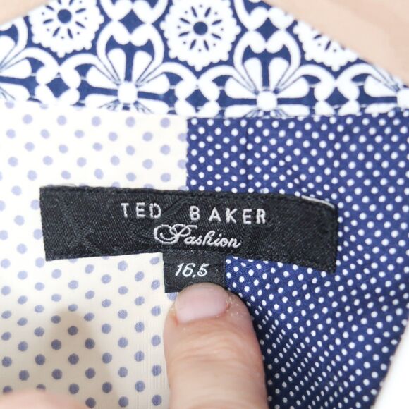 Ted Baker Mens Button Up Shirt Size 16.5 White Blue Geometric Office Formal - Picture 3 of 11